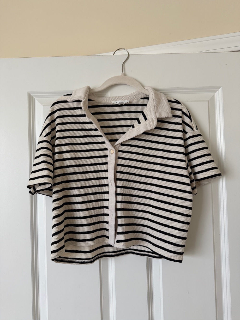 Striped Short-Sleeve Button Down Top - Cream & Black
